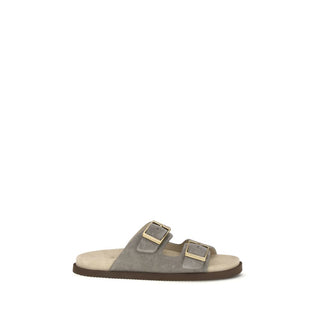 Brunello Cucinelli Gray Calf Leather Bos Taurus Sandals - VAZLUXE.COM