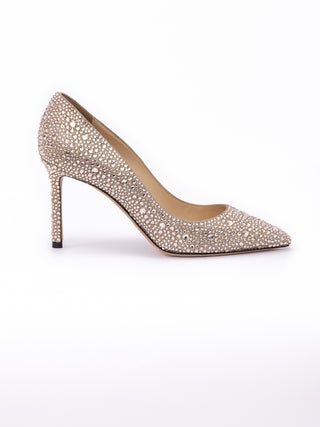 Jimmy Choo Honey Gold Shimmer Suede Crystals Romy 85 pumps