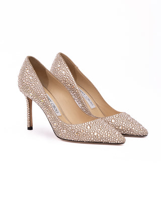 Jimmy Choo Honey Gold Shimmer Suede Crystals Romy 85 pumps