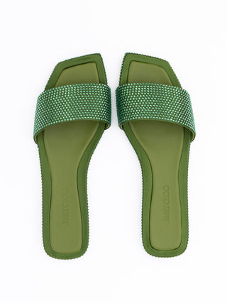 Jimmy Choo Green Satin Crystal Clovis Flat
