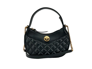 Versace Quilted Black Leather Half Moon Chain Crossbody Bag