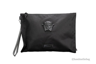 Versace Large Black Nylon Fabric Medusa Convertible Pouch Clutch Wristlet Bag