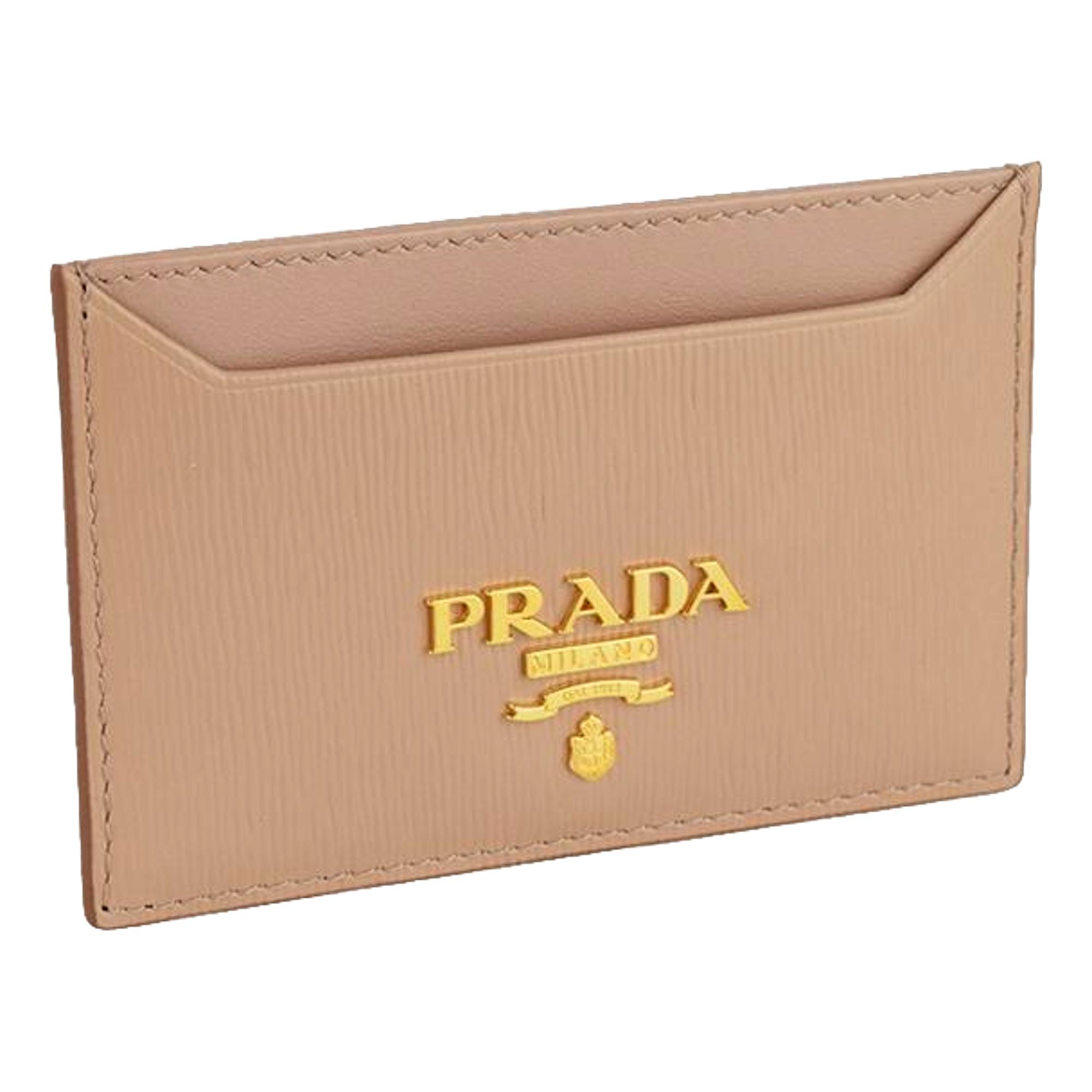 Prada Vitello Move Cipria Beige Leather Logo Plaque Card Holder Wallet