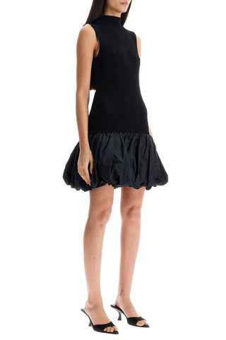 Rotate black knit racer cut dress with high neck and flared skirt