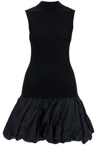 Rotate black knit racer cut dress with high neck and flared skirt