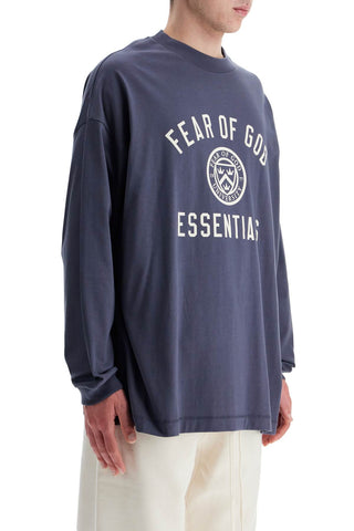 Fear Of God ESSENTIALS long sleeve navy blue cotton t-shirt with printed logo