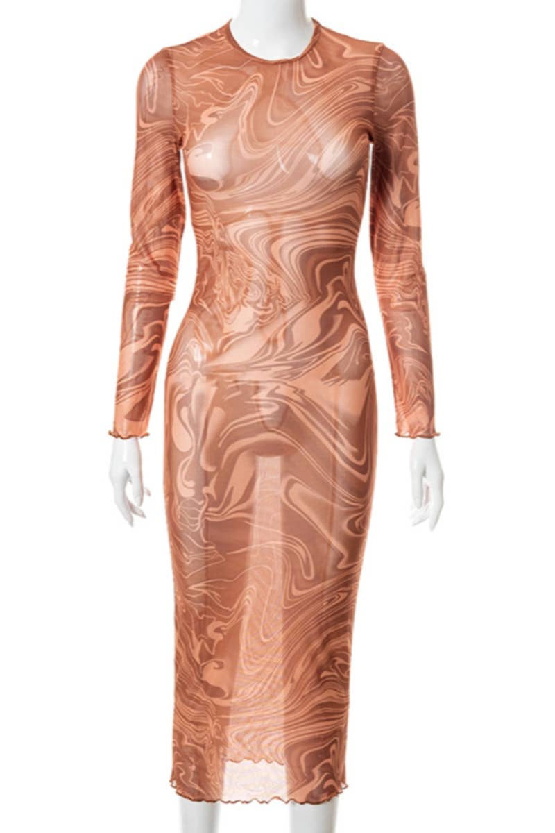 Xena Mocha Swirl: Sheer Mesh Long Sleeve Maxi Coverup Dress