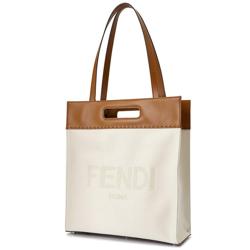 Fendi Roma Brand Embroidered Canvas And Leather Tote Bag
