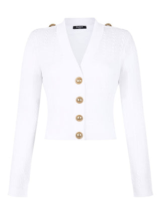Balmain Button-Trim Cable-Knit Cardigan