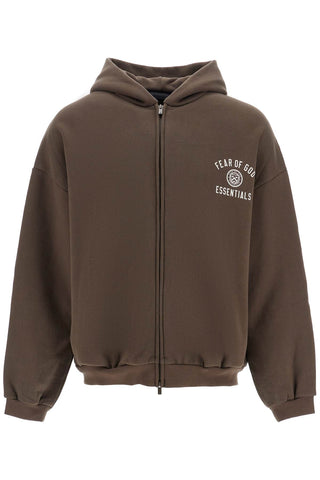 Fear Of God ESSENTIALS dark brown cotton zip-up hoodie with embroidered logo