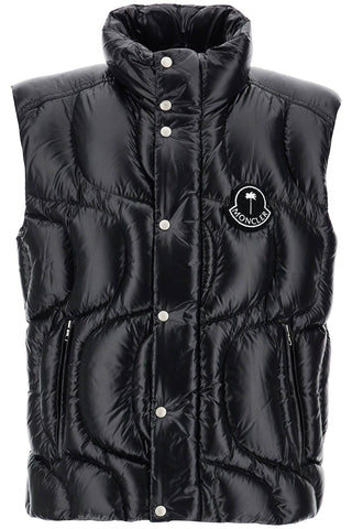 Moncler X Palm Angels black padded gilet in polyamide with high collar and zip pockets