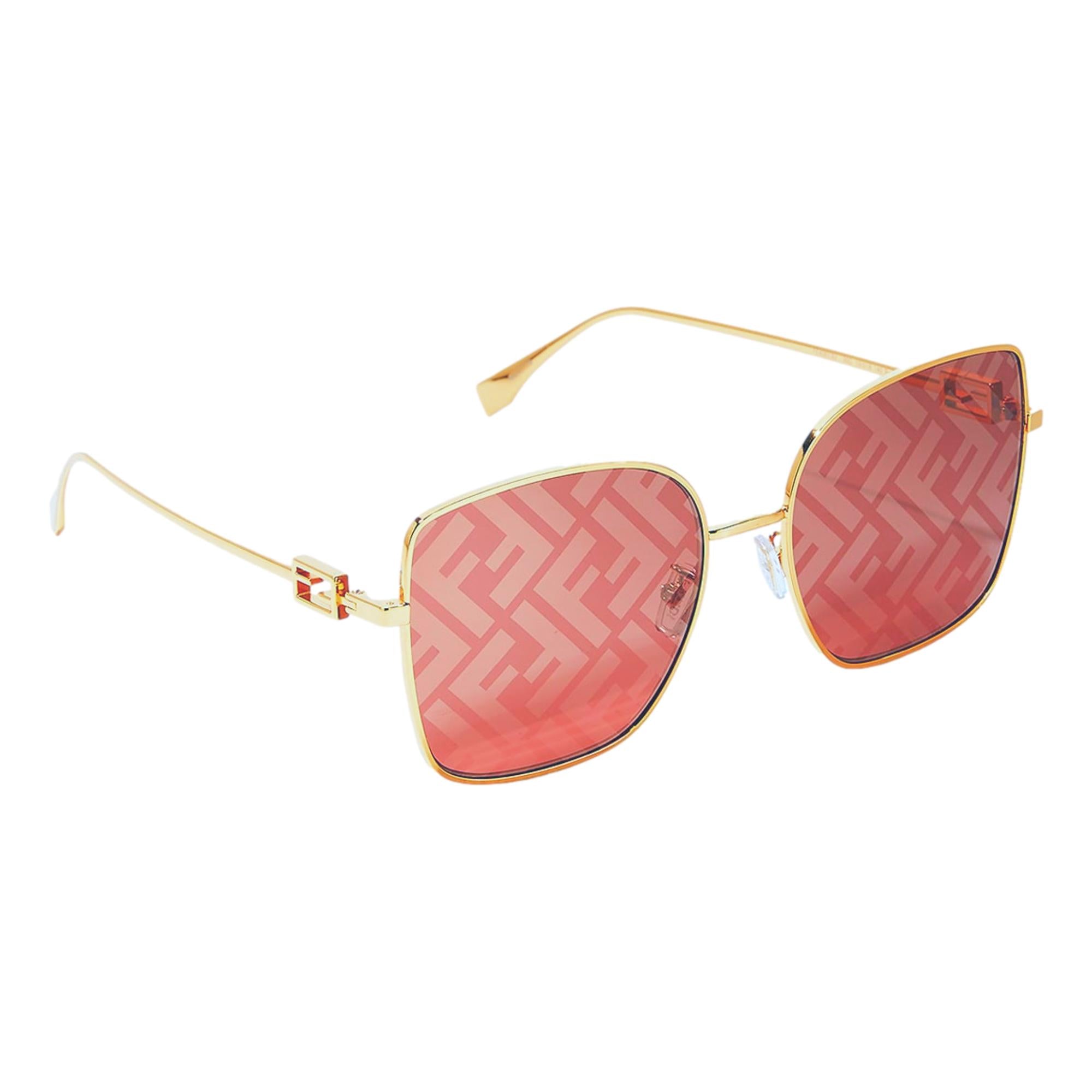 Fendi Baguette Pink FF Print Lenses Gold Square Frame Sunglasses