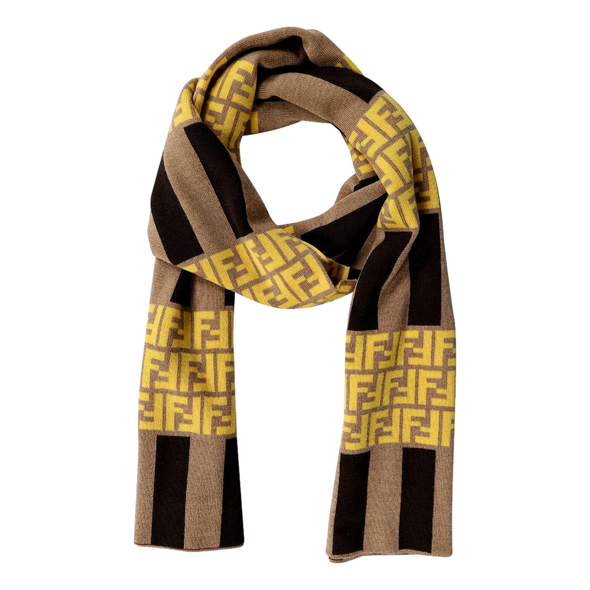 Fendi FF Print Striped Brown and Yellow Knitted Wool Scarf