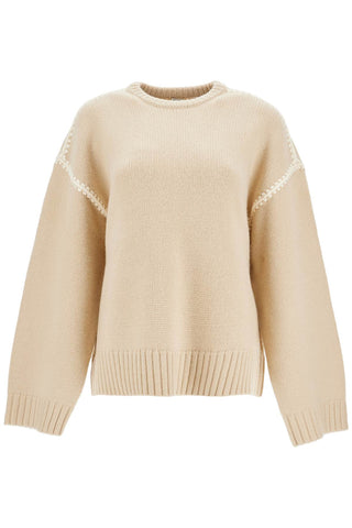 Toteme light beige wool and cashmere sweater with embroidery