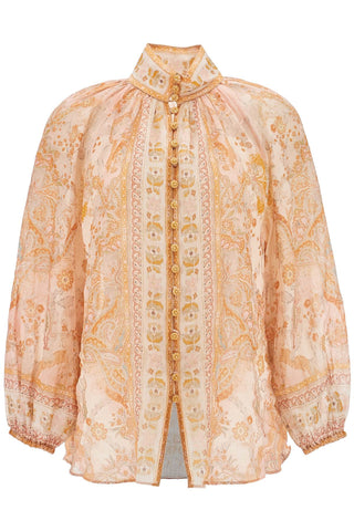 Zimmermann cream and pink high neck paisley blouse in rayon with long sleeves