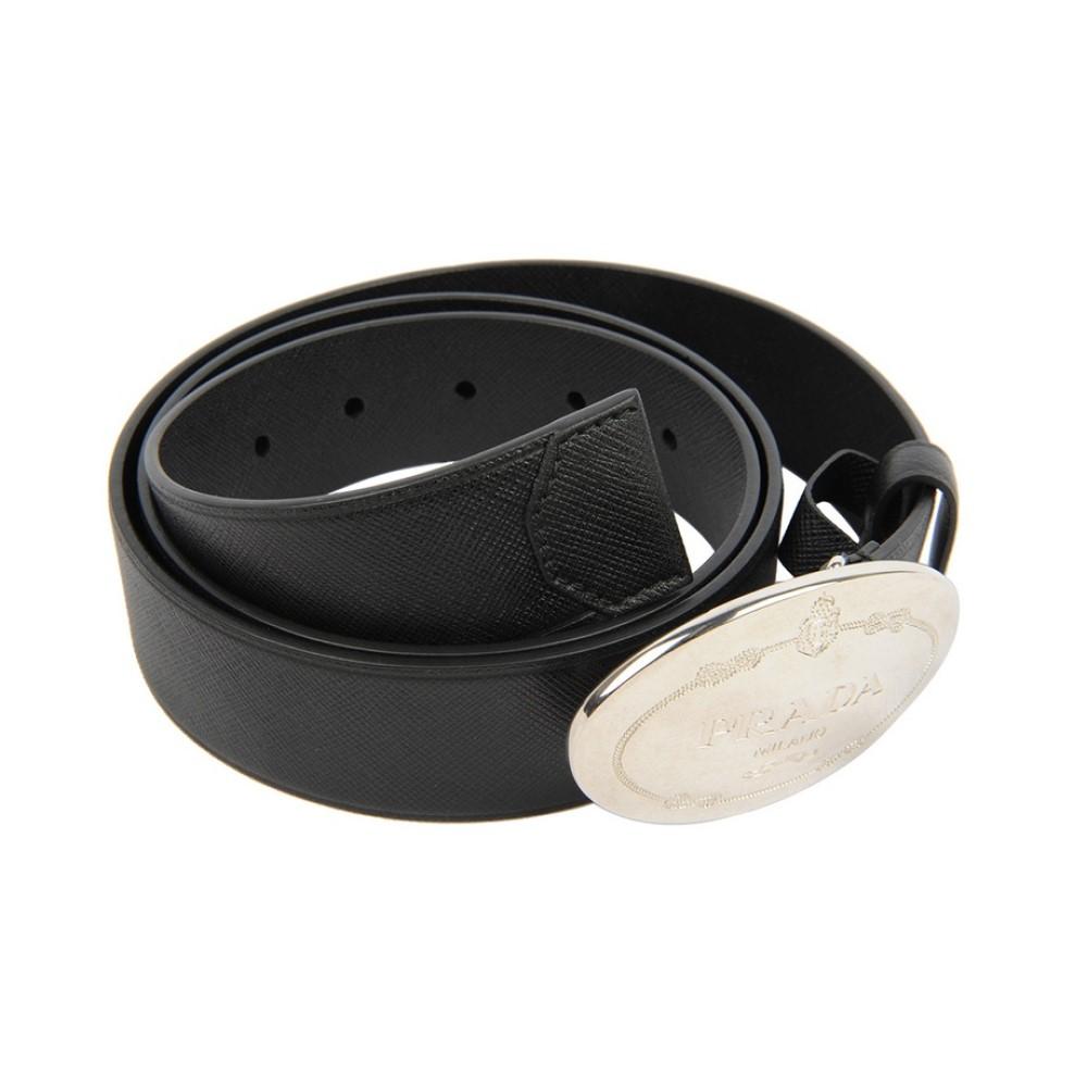 Prada Black Saffiano Leather Engraved Oval Plaque Buckle Size: 110/44 Belt