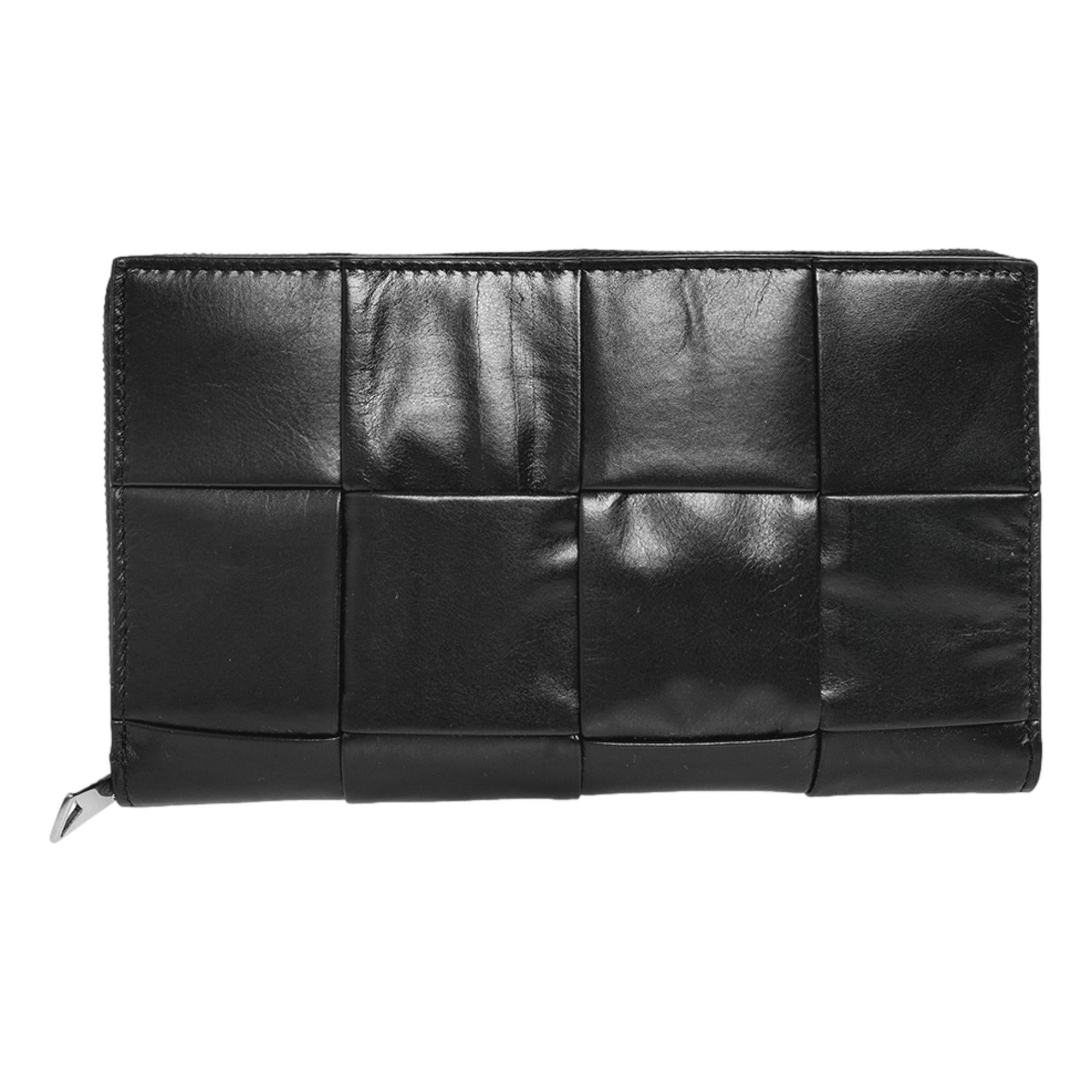 Bottega Veneta Intrecciato Cassette Black Leather Zip Around Continental Calfskin Wallet