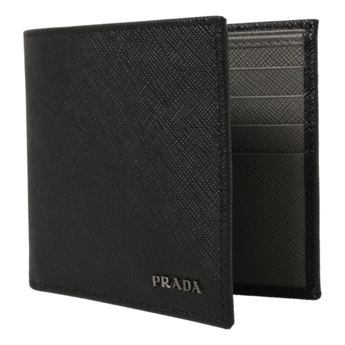Prada Nero Black Grey Saffiano Cuir Leather Billfold Wallet