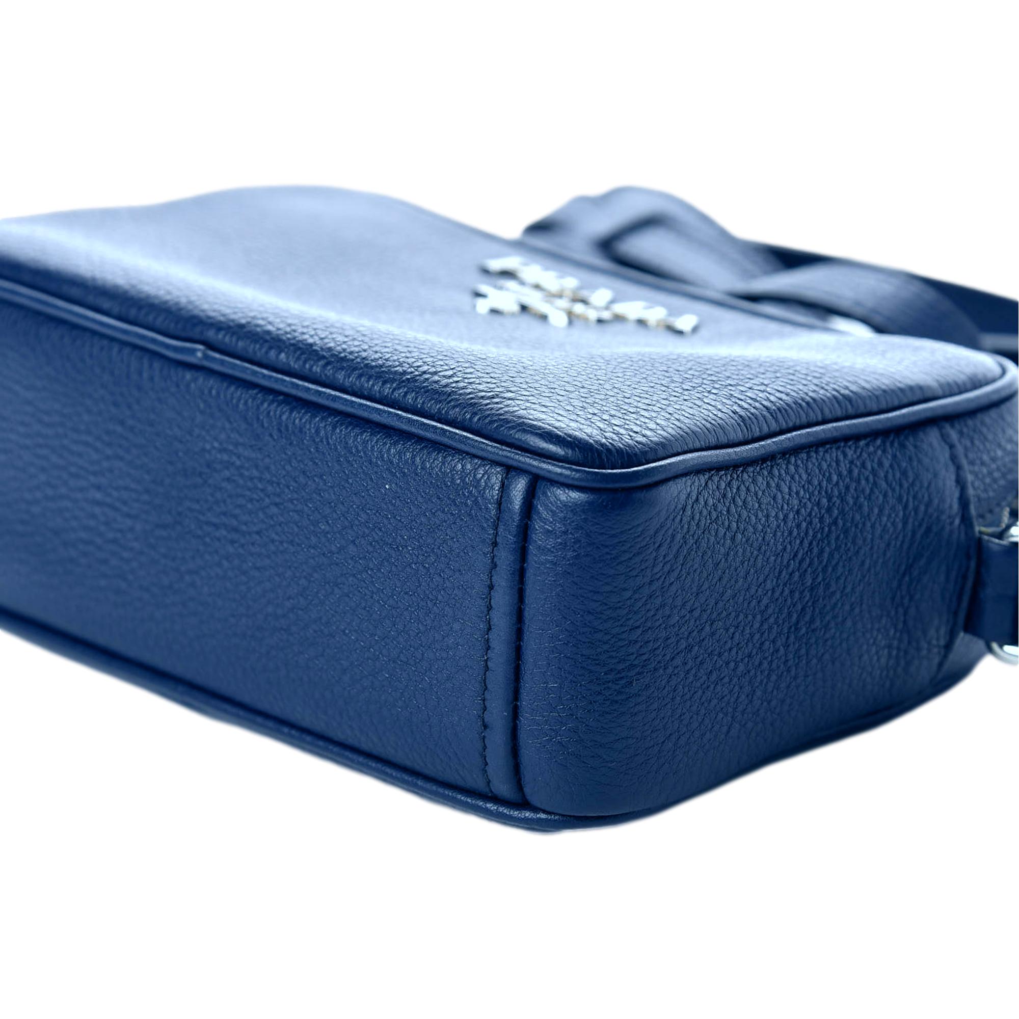 Prada Vitello Phenix Blue Leather Silver Logo Small Camera Crossbody Bag