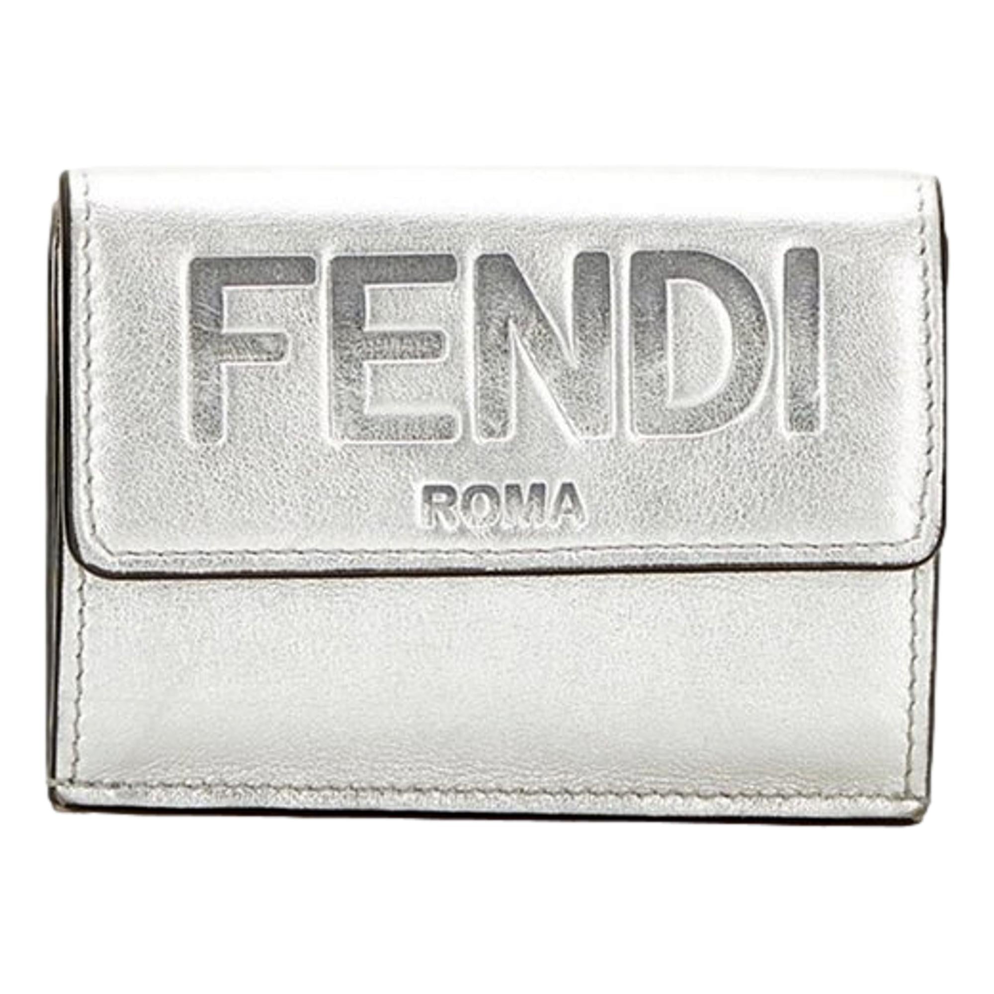 Fendi Roma Silver Metallic Calf Leather Micro Trifold Wallet