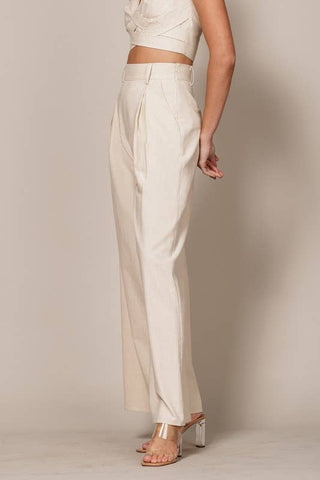 Endless Blu - LINEN PLEATED PANT WITH HIDDEN HOOK AND POCKETS: 2 TONE LINEN / S