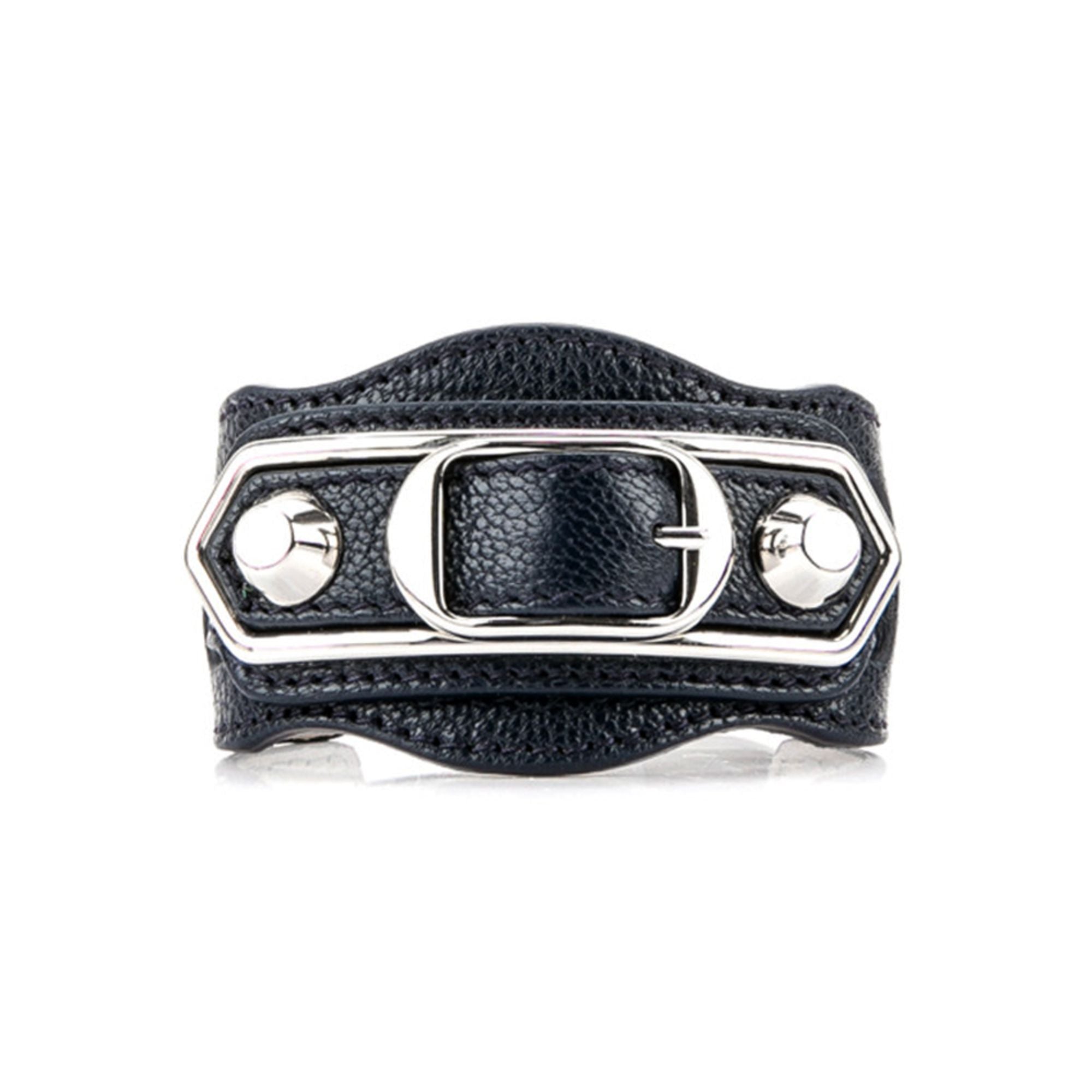 Balenciaga Black Shiny Calfskin Leather Studs Buckle Bracelet