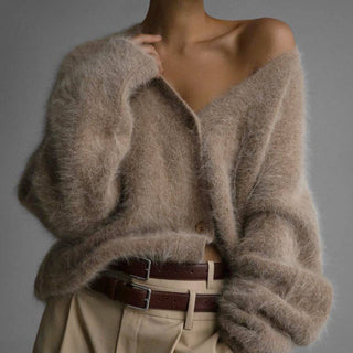Suhkasana - Faux Mink Knit Oversized Cardigan Soft Cozy Sweater: Khaki / L