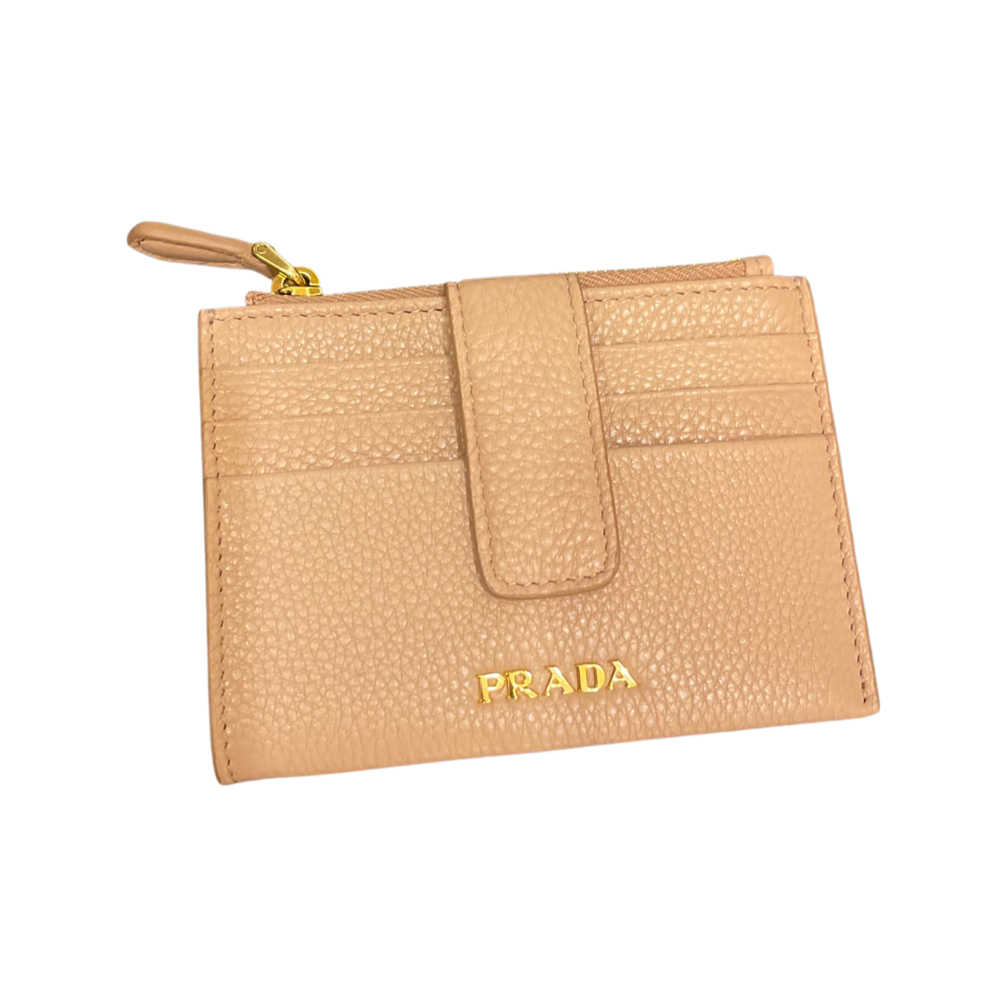 Prada Womens Vitello Grain Cipria Beige Leather Zip Top Card Wallet