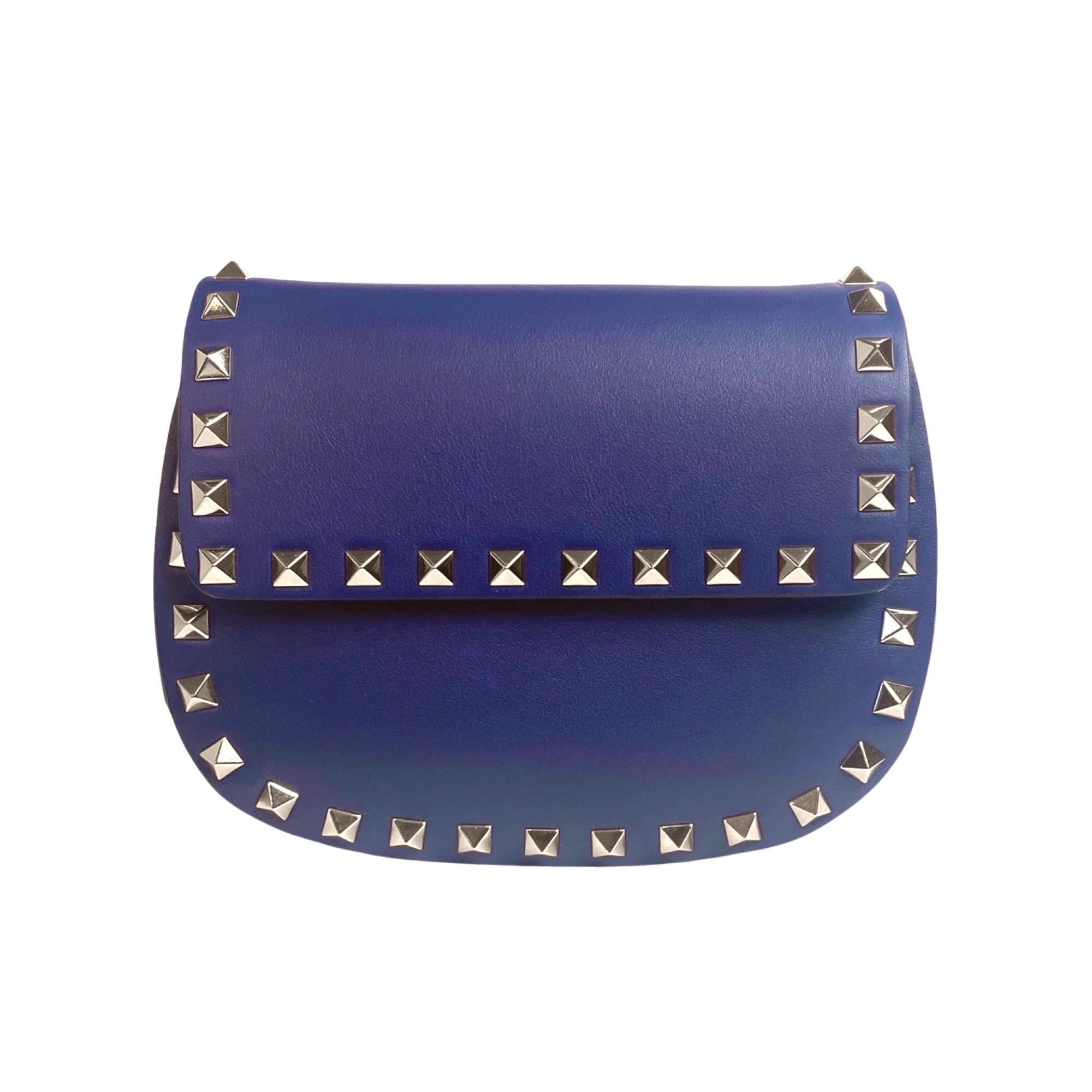 Valentino Garavani Rockstud Blue Calf Leather Small Chain Crossbody Clutch Bag