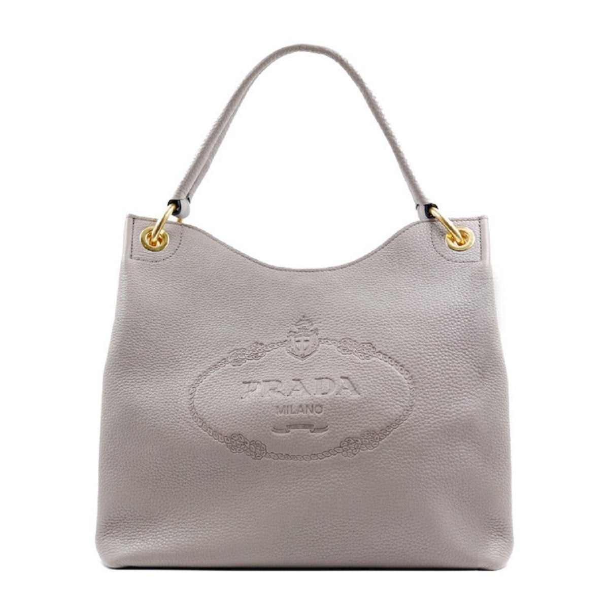 Prada Vitello Phenix Grey Leather Embossed Logo Hobo Tote Bag