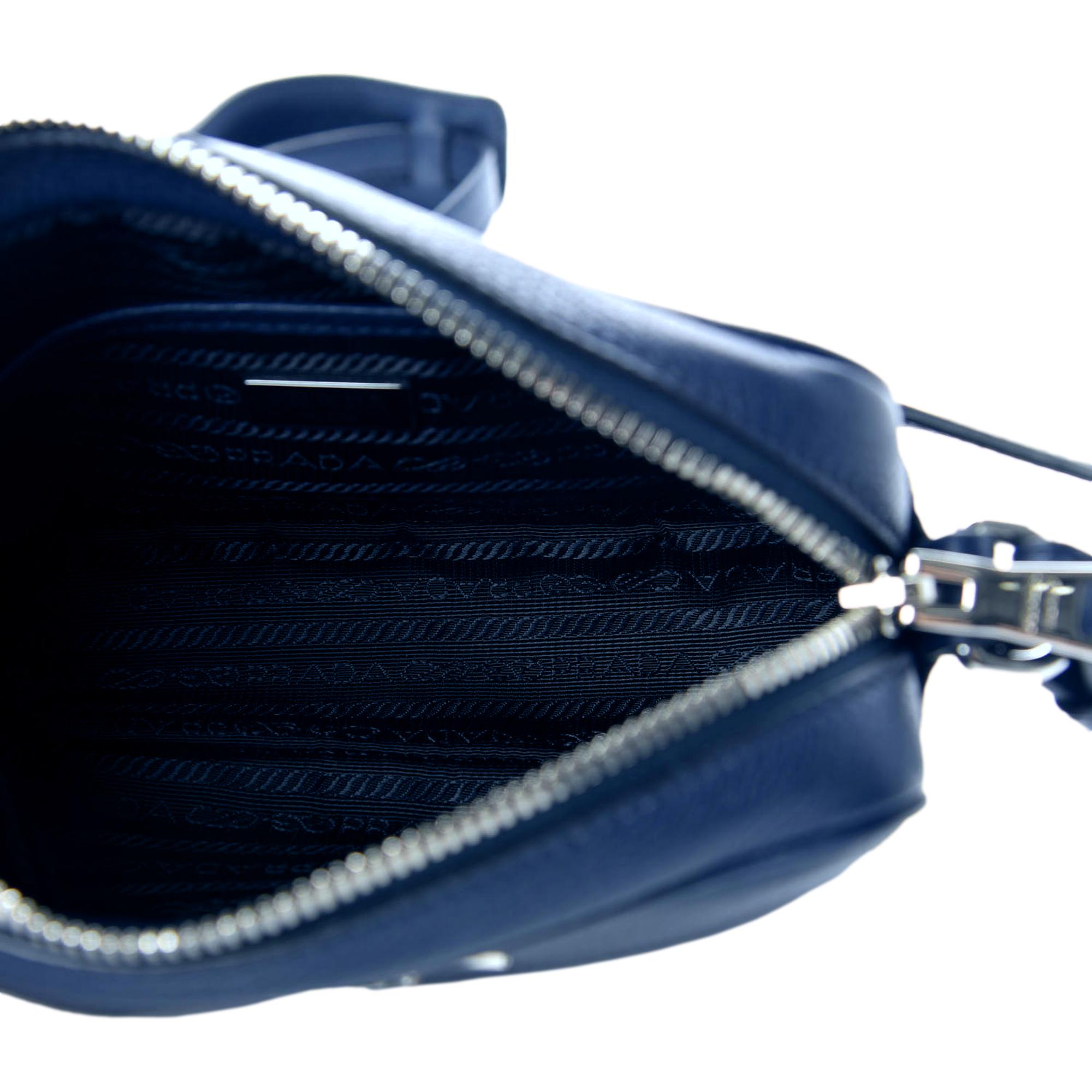 Prada Vitello Phenix Blue Leather Silver Logo Small Camera Crossbody Bag