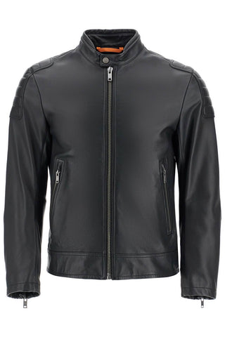 Boss black leather jacket with high collar and quilted details