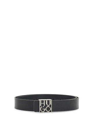 Hugo men's black leather belt with square buckle and embossed logo