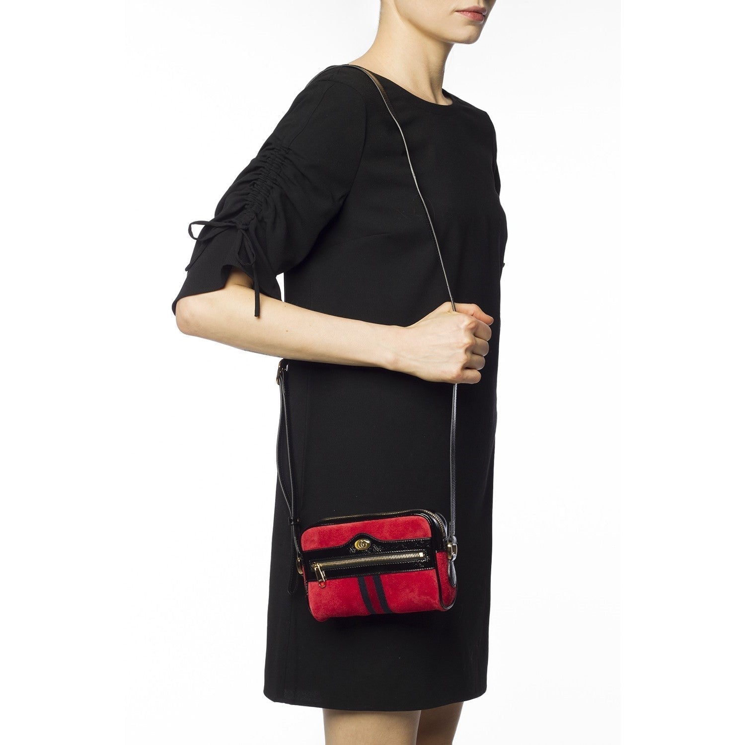 Gucci Ophidia Red Suede Patent Web Mini Shoulder Bag