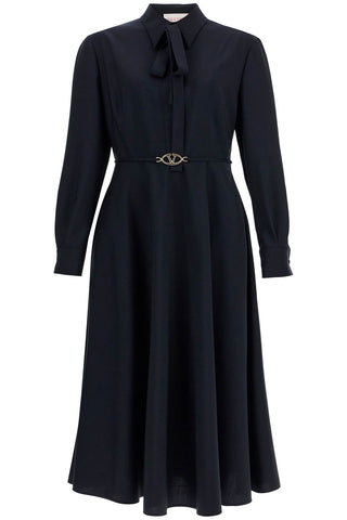 Valentino Garavani elegant navy blue wool dress with long sleeves and golden belt - VAZLUXE.COM