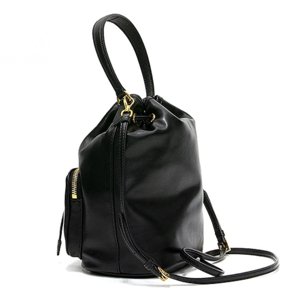 Prada Black Glace Calf Leather Logo Small Bucket Crossbody Bag