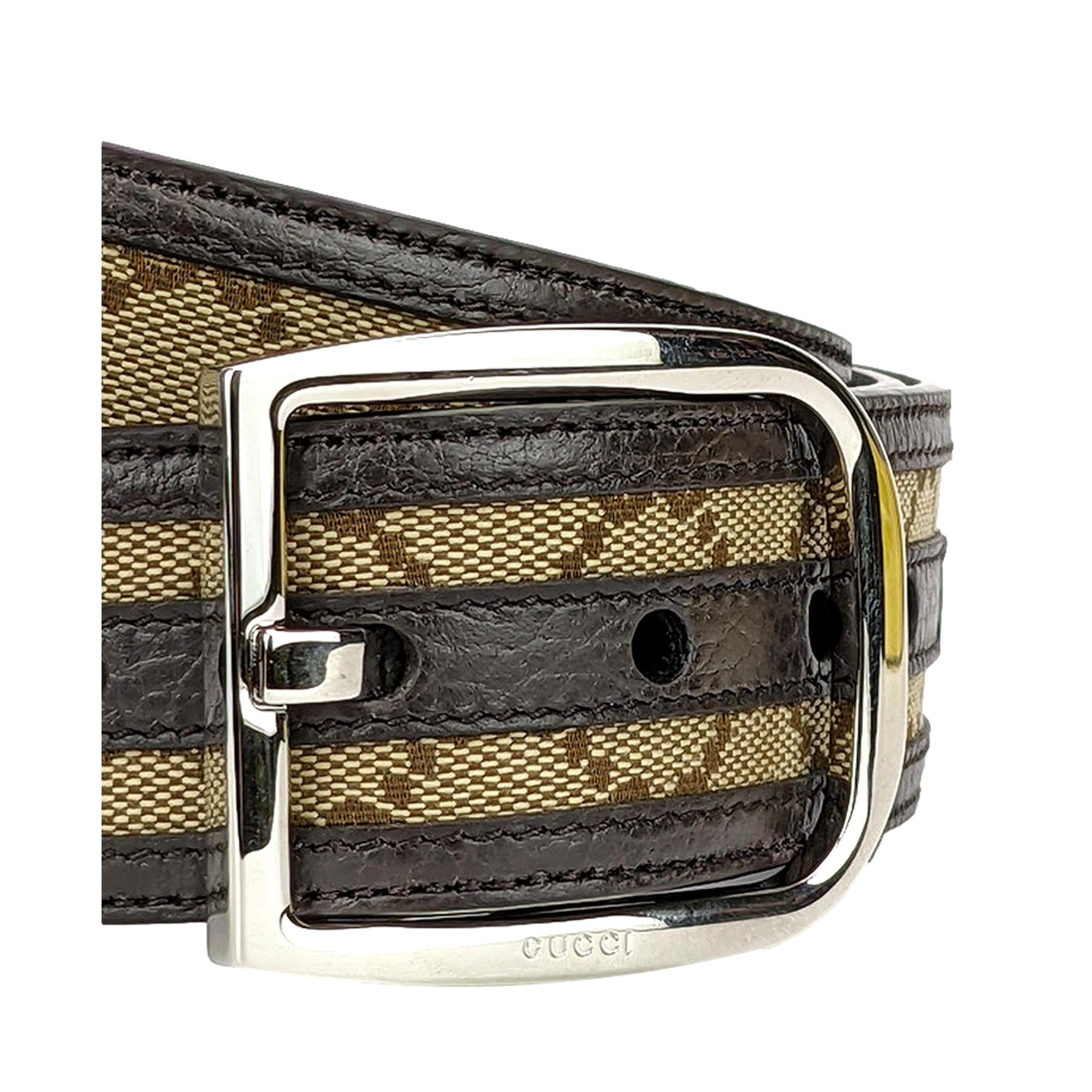 Gucci GG Brown and Beige Canvas Leather Trim Belt Size 36/90