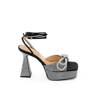 MACH & MACH Crystal Black Leather Platform Heel Sandals