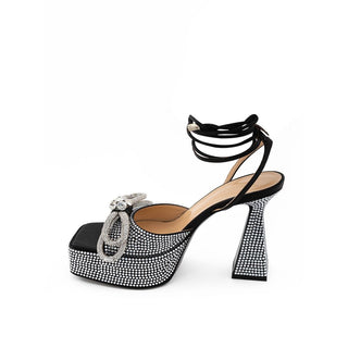 MACH & MACH Crystal Black Leather Platform Heel Sandals