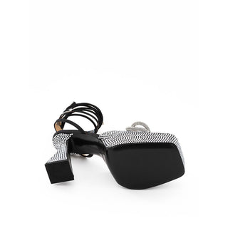 MACH & MACH Crystal Black Leather Platform Heel Sandals