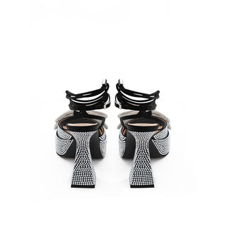 MACH & MACH Crystal Black Leather Platform Heel Sandals