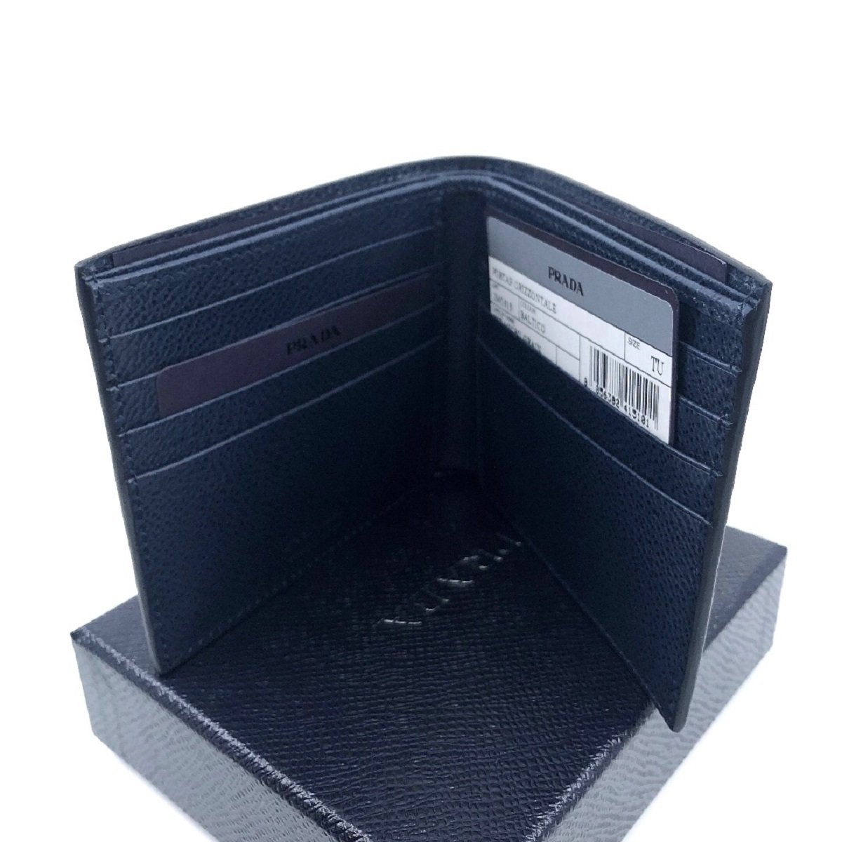 Prada Vitello Micro Grain Navy Blue Leather Triangle Logo Bifold Wallet