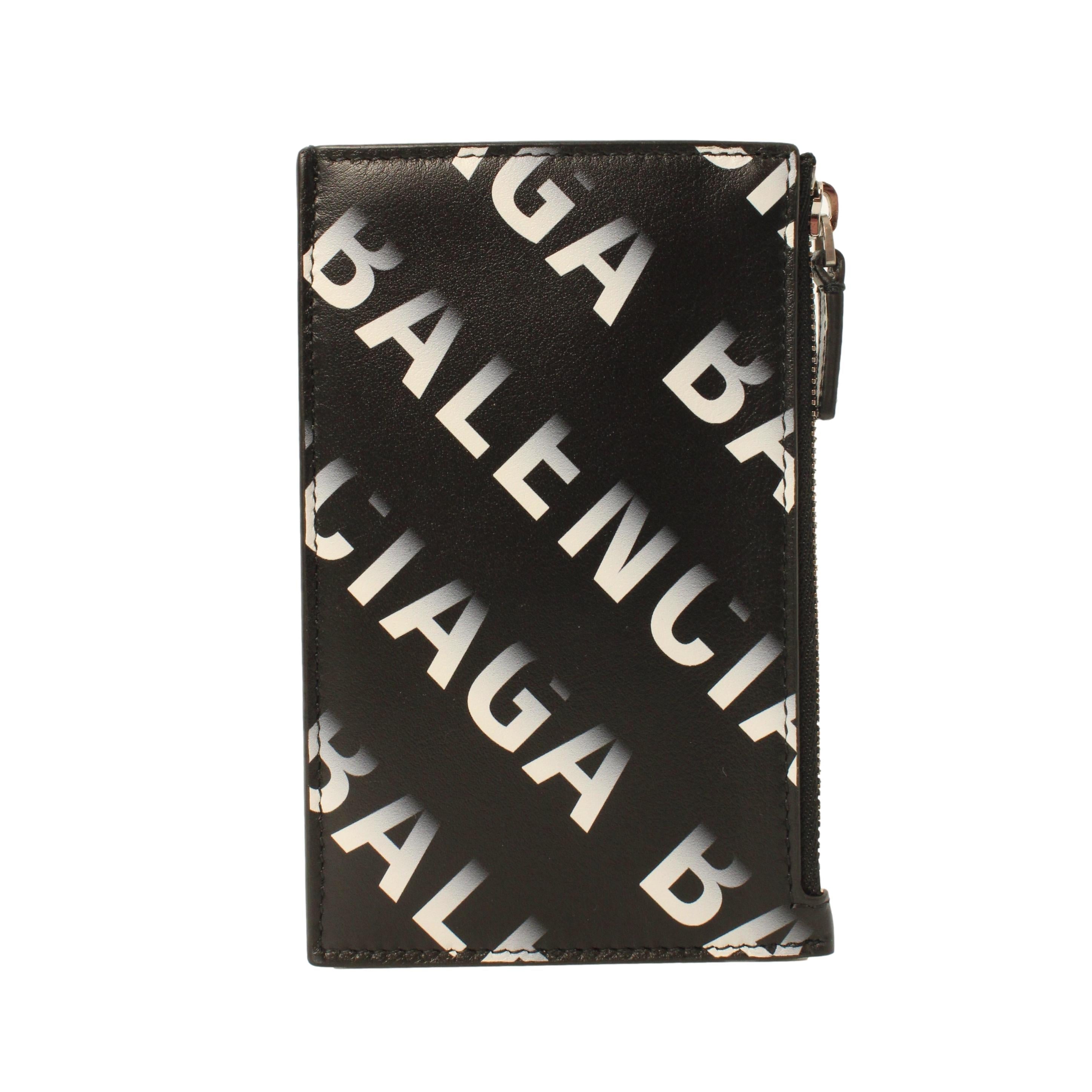 Balenciaga Black Leather Gradient Logo Small Zip Card Wallet 640535