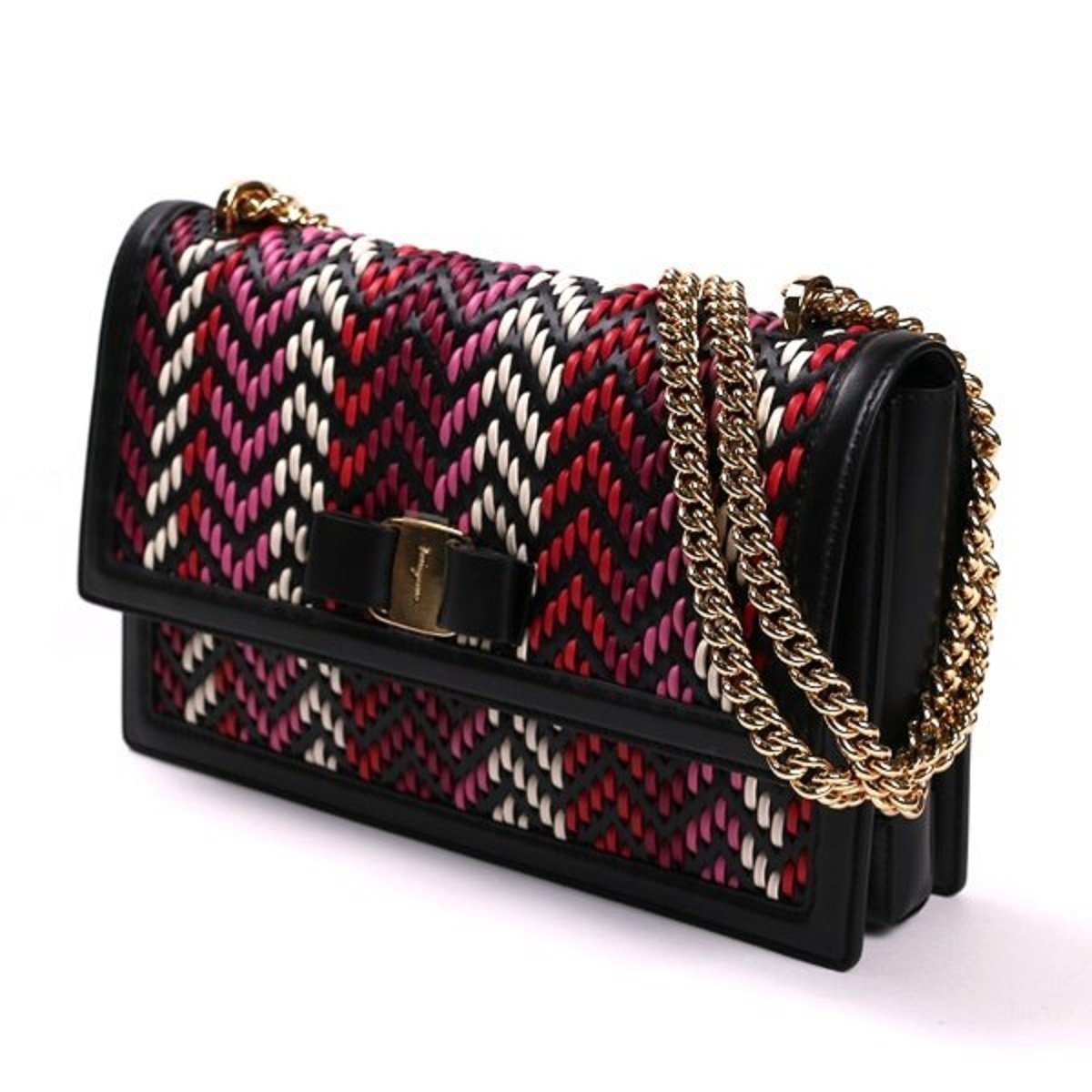 Ferragamo Ginny Multi Pink and Red Plaited Calf Leather Shoulder Bag