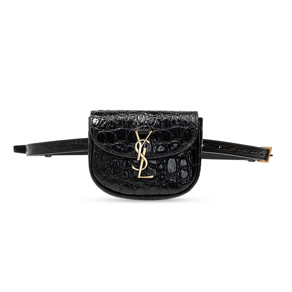 Saint Laurent Kaia Black Leather Croc Embossed Mini Belt Bag