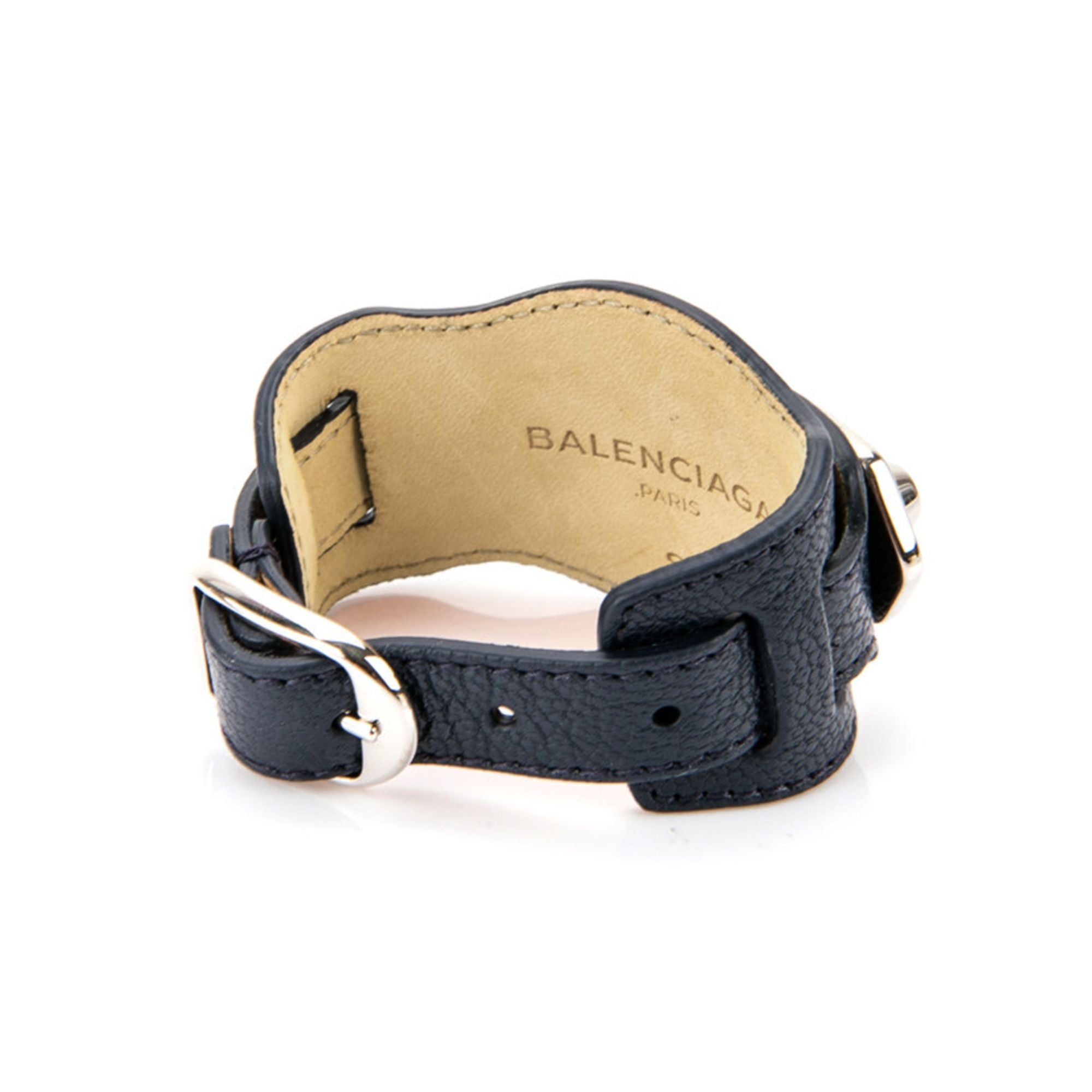 Balenciaga Black Shiny Calfskin Leather Studs Buckle Bracelet