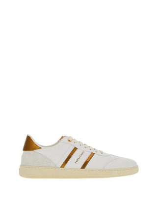 Ferragamo Achille 2 Low Top Sneaker In White And Gold