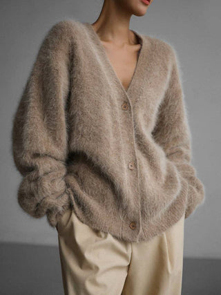 Suhkasana - Faux Mink Knit Oversized Cardigan Soft Cozy Sweater: Khaki / L