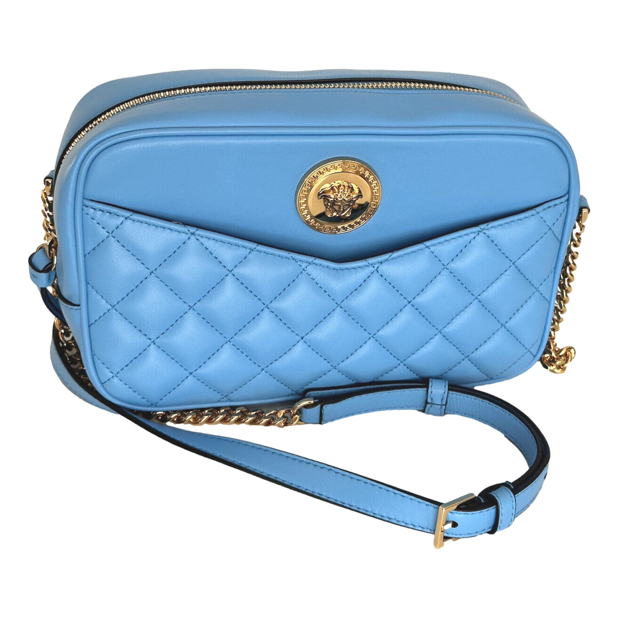 Versace La Medusa Blue Quilted Lamb Leather Medium Crossbody Bag