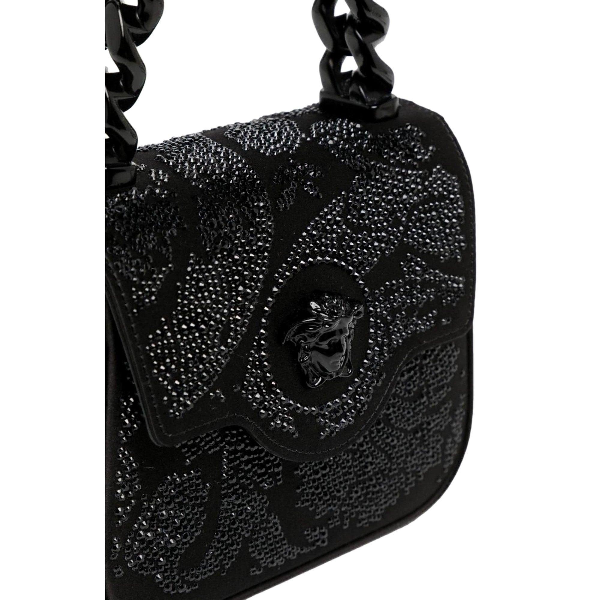 Versace La Medusa Crystal Mini Top Handle Tote Crossbody Black Silk